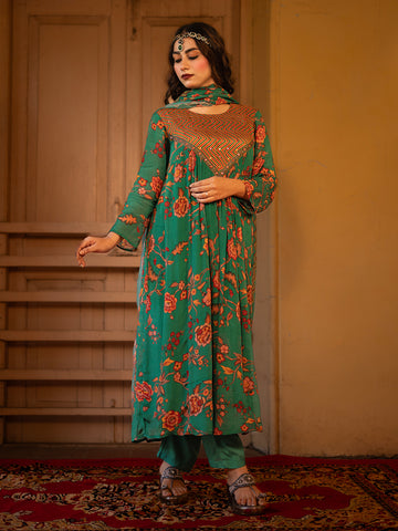 Dark Green color chintz flower Digital Print Chinnon Straight Kurta Pant Set with Dupatta earthofab