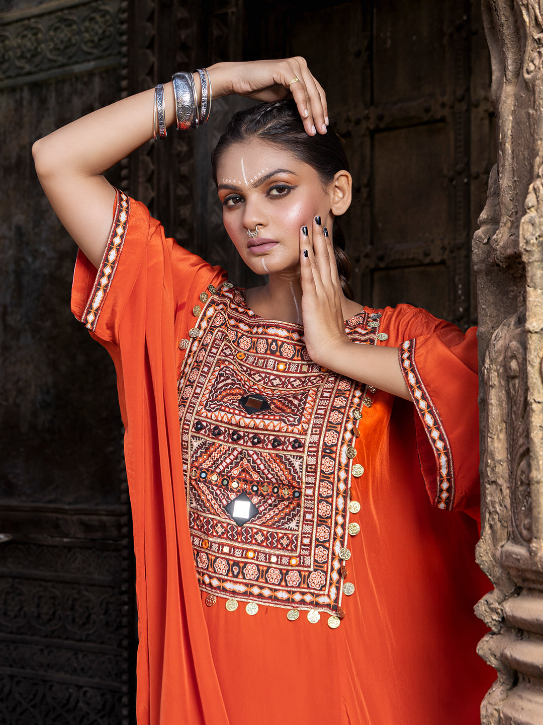 Orange Solid Color Based Natural Crepe Kaftan with Bottom with Hand Embroidery earthofab