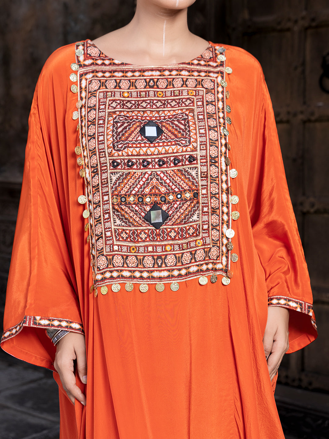 Orange Solid Color Based Natural Crepe Kaftan with Bottom with Hand Embroidery earthofab