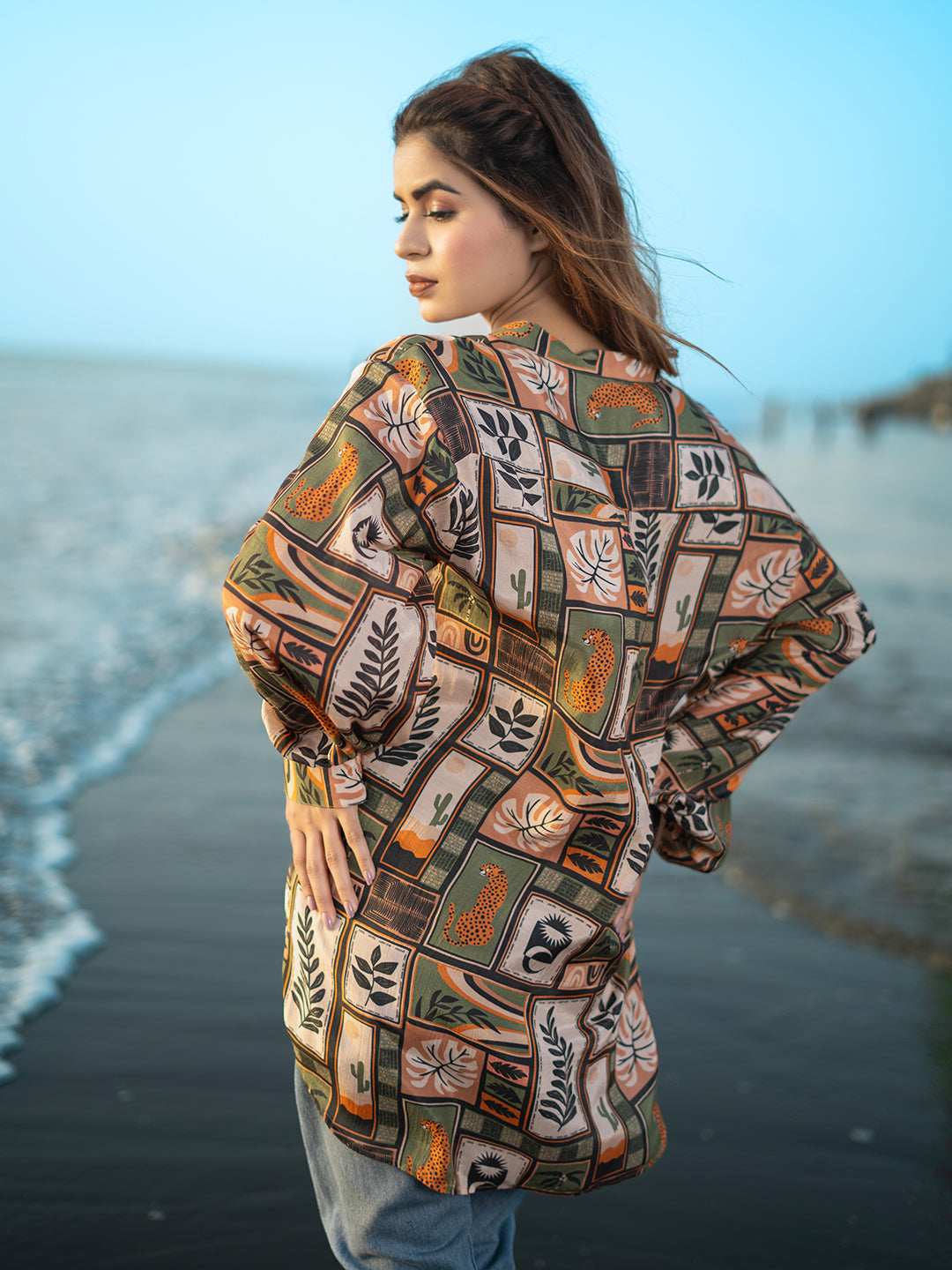 Olive Green Color Muslin Shirt Top with Abstract Forest Print & Buttons earthofab