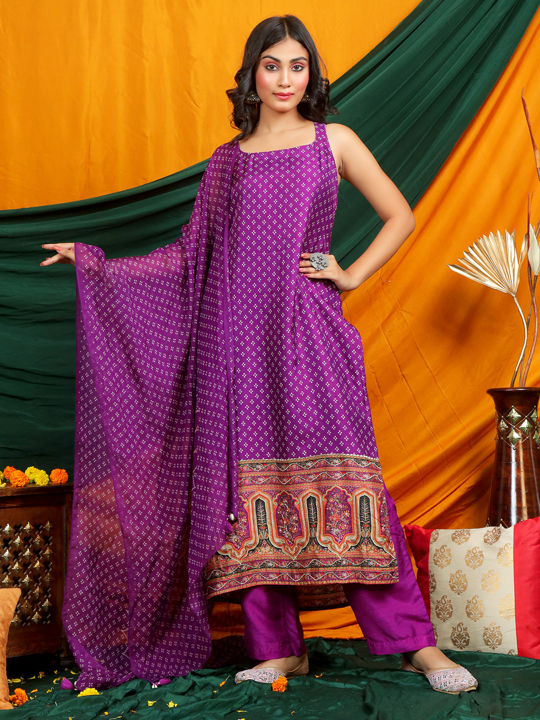 Self Design Muslin Crepe Kurta Pant Set with Dupatta with Hand Work - Purple earthofab