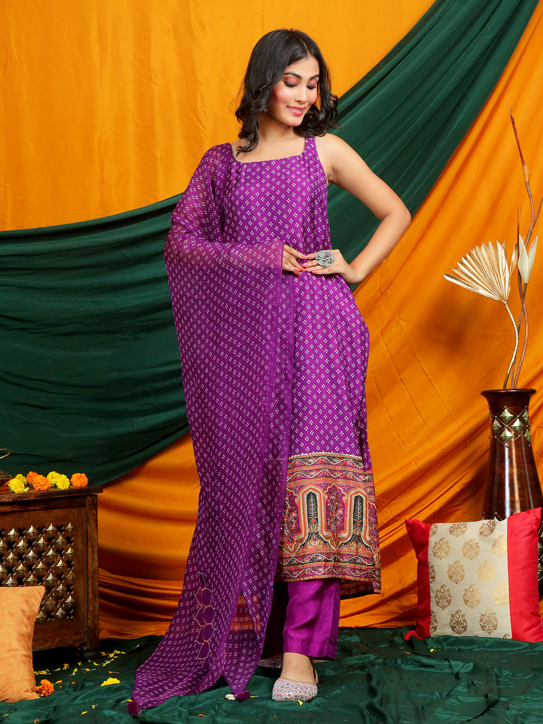 Self Design Muslin Crepe Kurta Pant Set with Dupatta with Hand Work - Purple earthofab