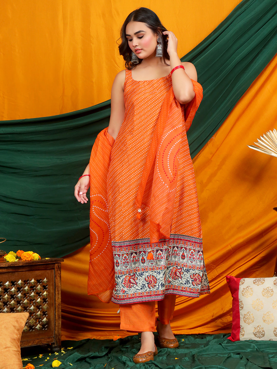 Self Design Muslin Crepe Kurta Pant Set with Dupatta with Hand Work - Orange earthofab