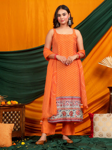 Self Design Muslin Crepe Kurta Pant Set with Dupatta with Hand Work - Orange earthofab