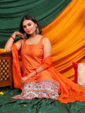 Self Design Muslin Crepe Kurta Pant Set with Dupatta with Hand Work - Orange earthofab