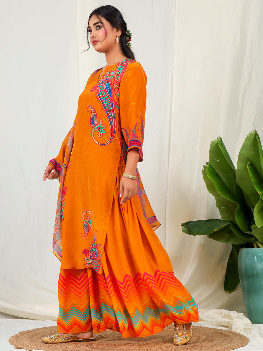 Bold Paisley Based Natural Crepe Kurta Plazzo Set with Hand Work - Mustard earthofab