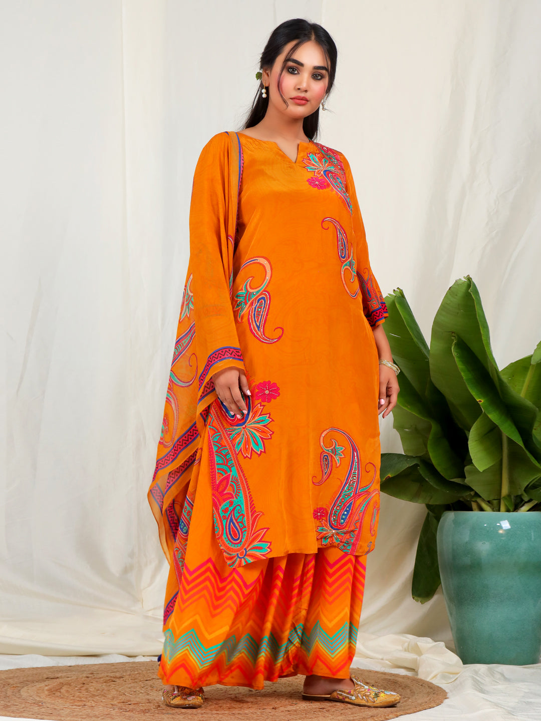 Bold Paisley Based Natural Crepe Kurta Plazzo Set with Hand Work - Mustard earthofab