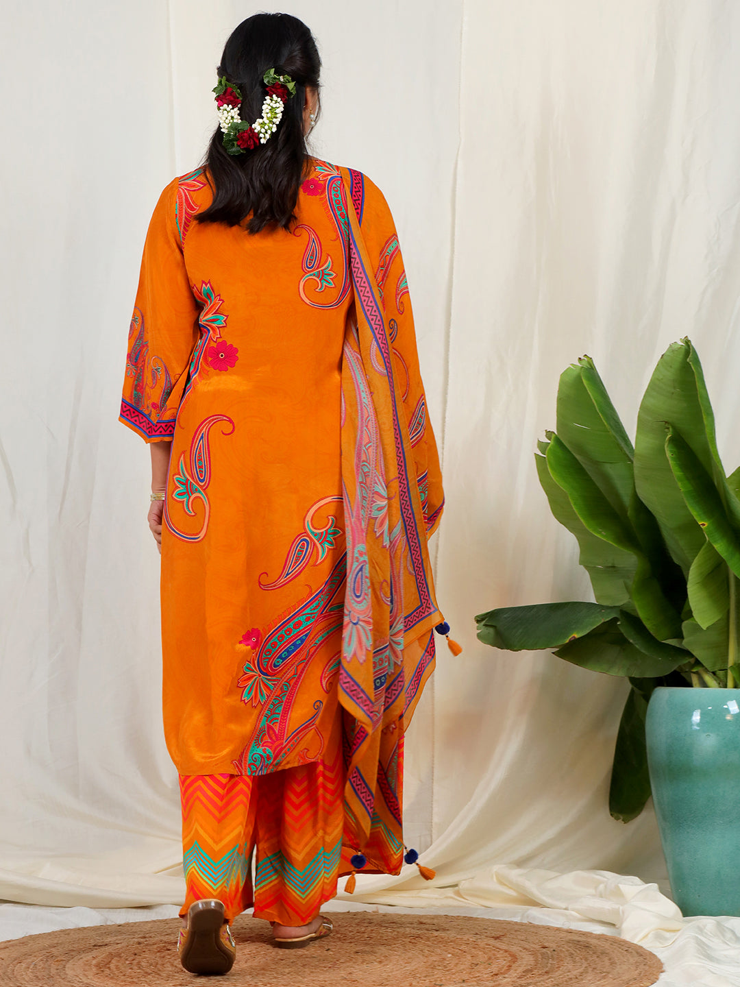 Bold Paisley Based Natural Crepe Kurta Plazzo Set with Hand Work - Mustard earthofab