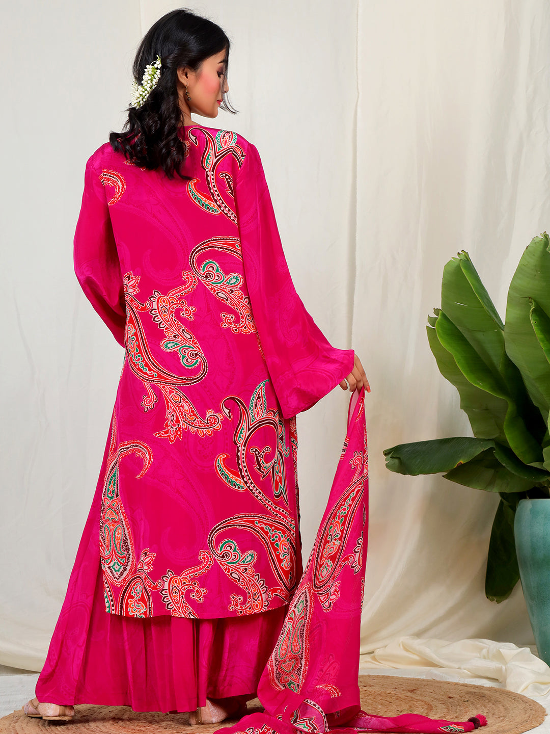 Bold Paisley Based Natural Crepe Kurta Plazzo Set with Hand Work - Pink earthofab