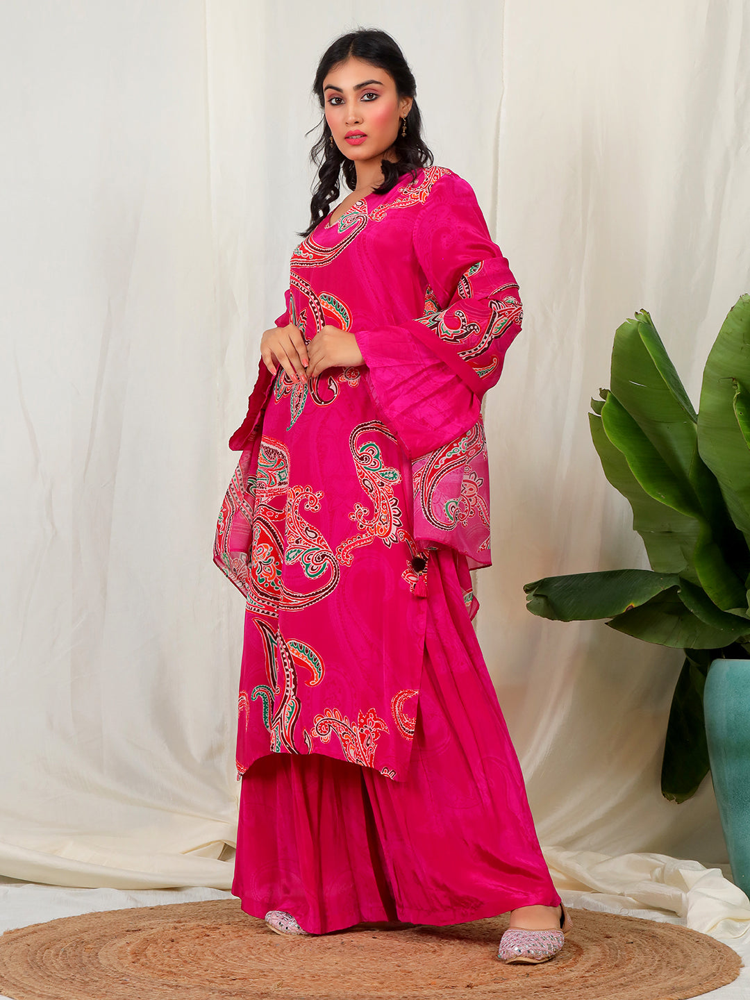 Bold Paisley Based Natural Crepe Kurta Plazzo Set with Hand Work - Pink earthofab