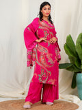 Bold Paisley Based Natural Crepe Kurta Plazzo Set with Hand Work - Pink earthofab