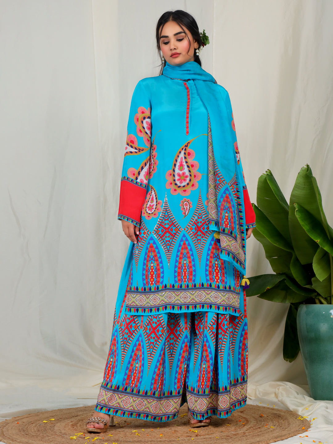 Bold Paisley Based Natural Crepe Kurta Plazzo Set with Hand Work - Sky Blue earthofab