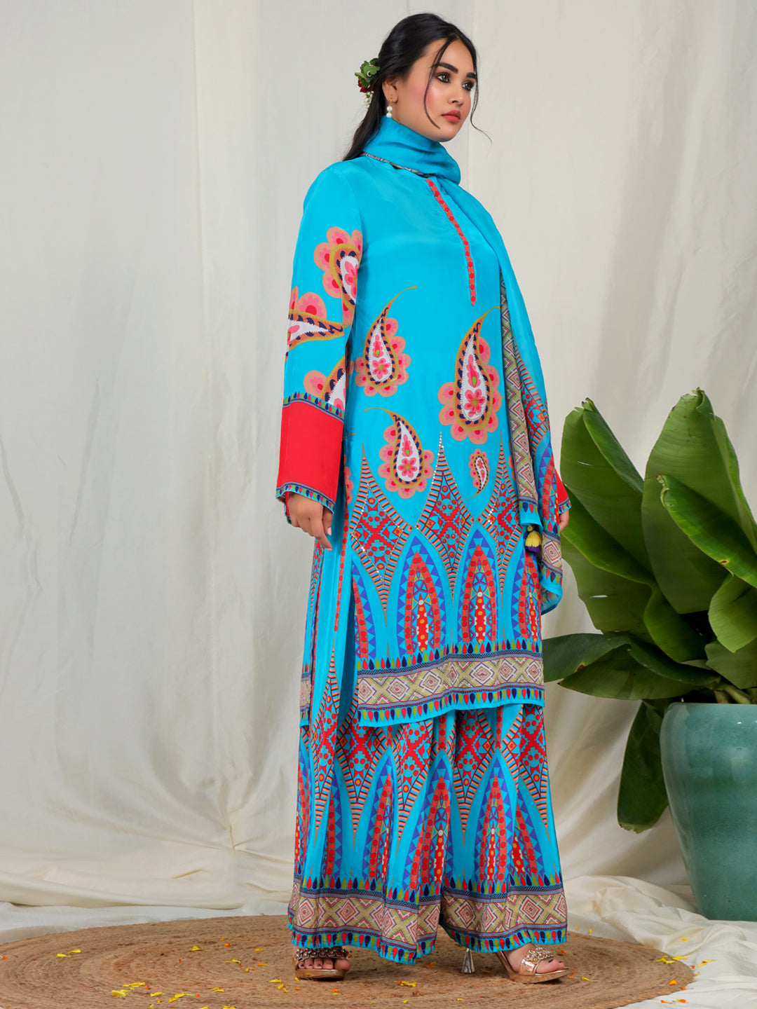 Bold Paisley Based Natural Crepe Kurta Plazzo Set with Hand Work - Sky Blue earthofab