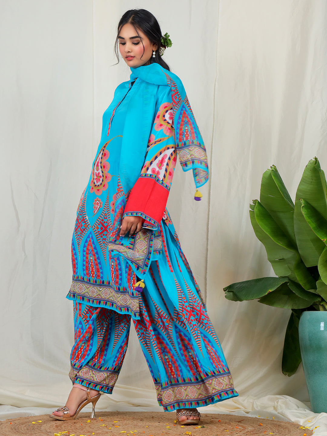 Bold Paisley Based Natural Crepe Kurta Plazzo Set with Hand Work - Sky Blue earthofab