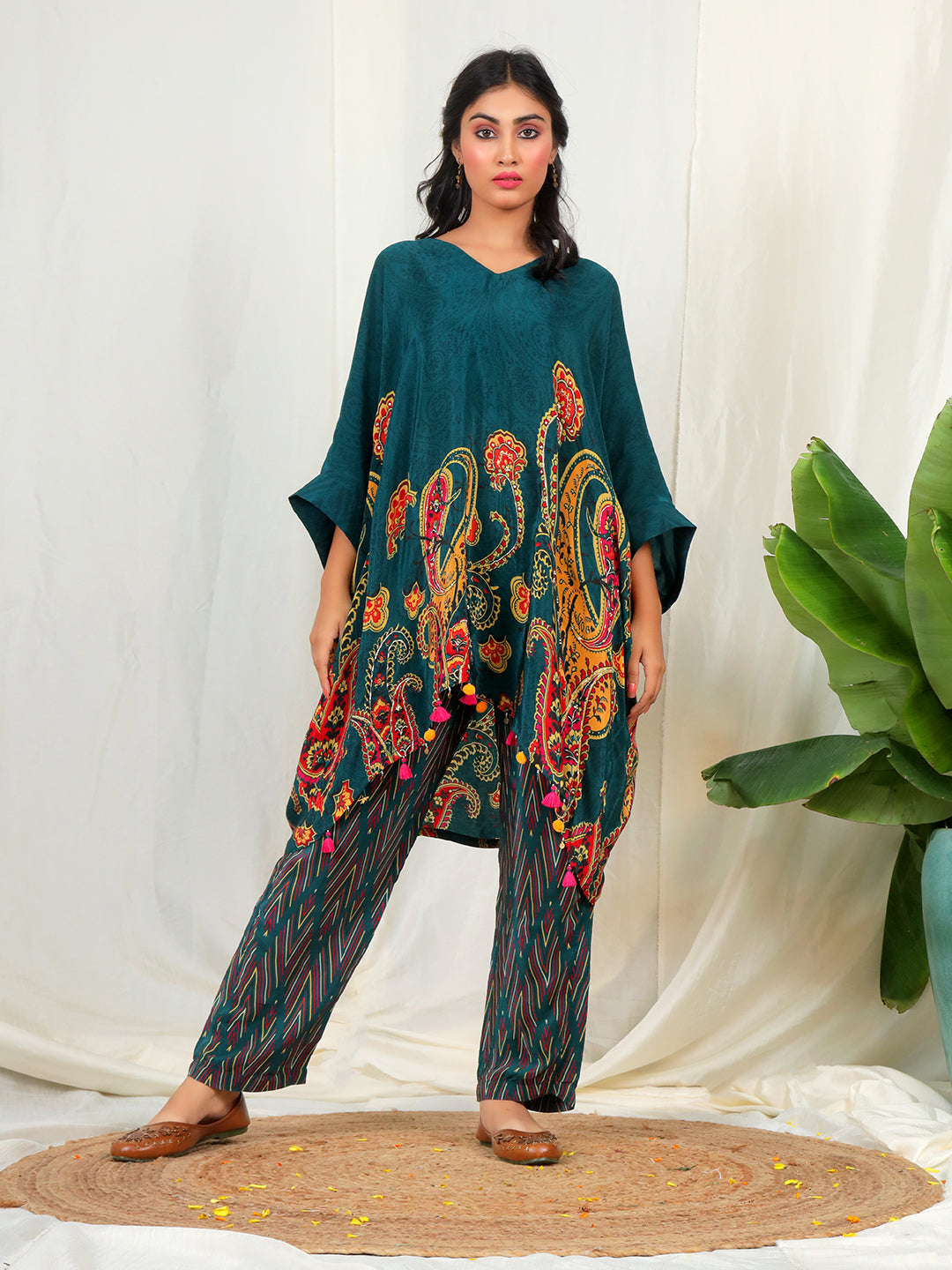 Bold Paisley Based Natural Crepe Kaftan with Bottom with Hand Work - Teal Blue earthofab