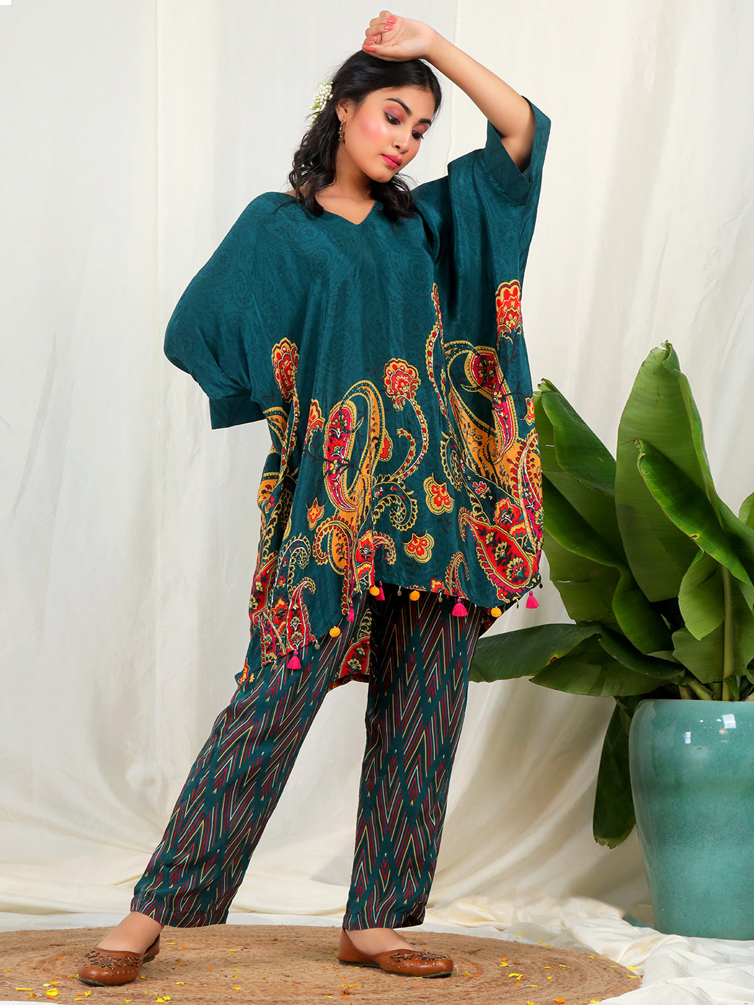 Bold Paisley Based Natural Crepe Kaftan with Bottom with Hand Work - Teal Blue earthofab