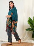 Bold Paisley Based Natural Crepe Kaftan with Bottom with Hand Work - Teal Blue earthofab