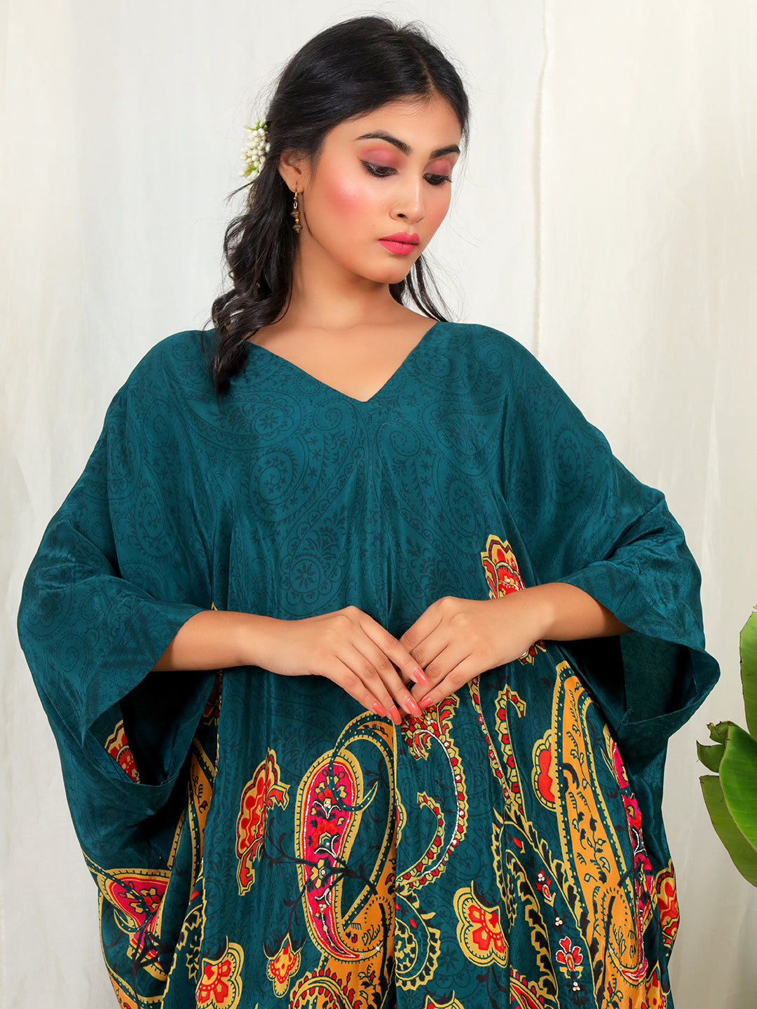 Bold Paisley Based Natural Crepe Kaftan with Bottom with Hand Work - Teal Blue earthofab