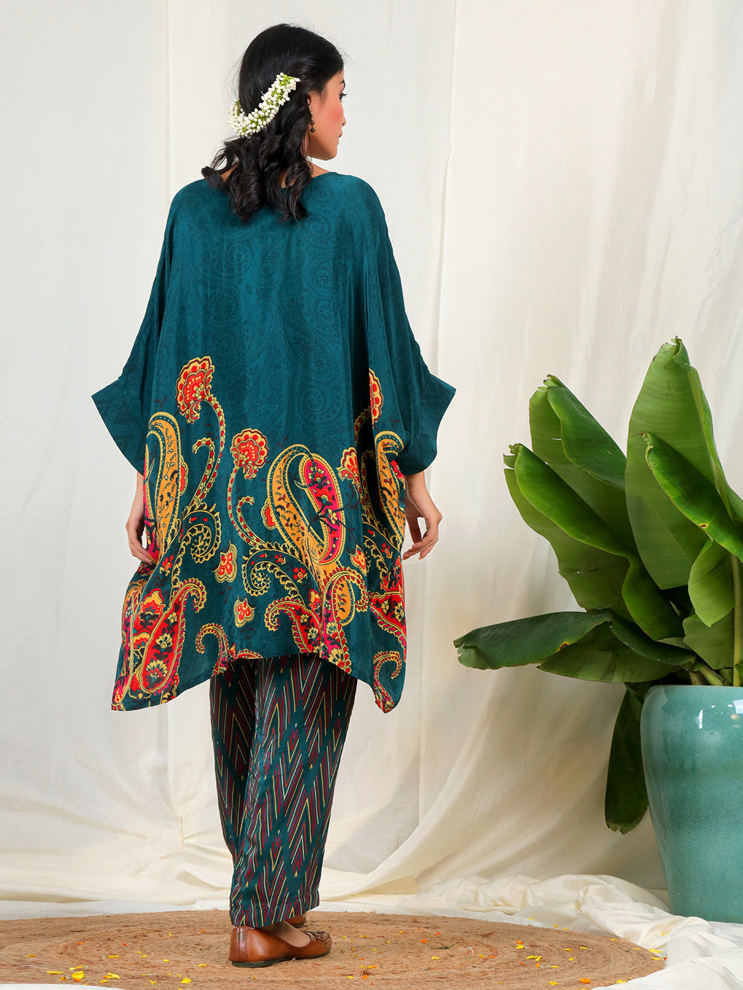 Bold Paisley Based Natural Crepe Kaftan with Bottom with Hand Work - Teal Blue earthofab