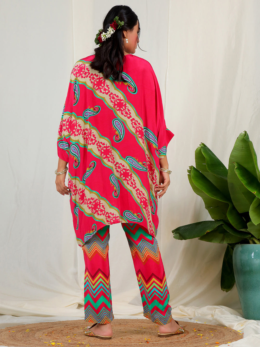 Bold Paisley Based Natural Crepe Kaftan with Bottom with Hand Work - Red earthofab