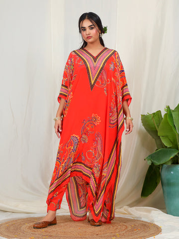 Bold Paisley Based Natural Crepe Kaftan with Bottom with Hand Work - Orange earthofab