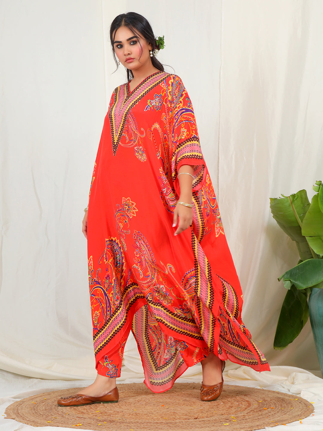 Bold Paisley Based Natural Crepe Kaftan with Bottom with Hand Work - Orange earthofab