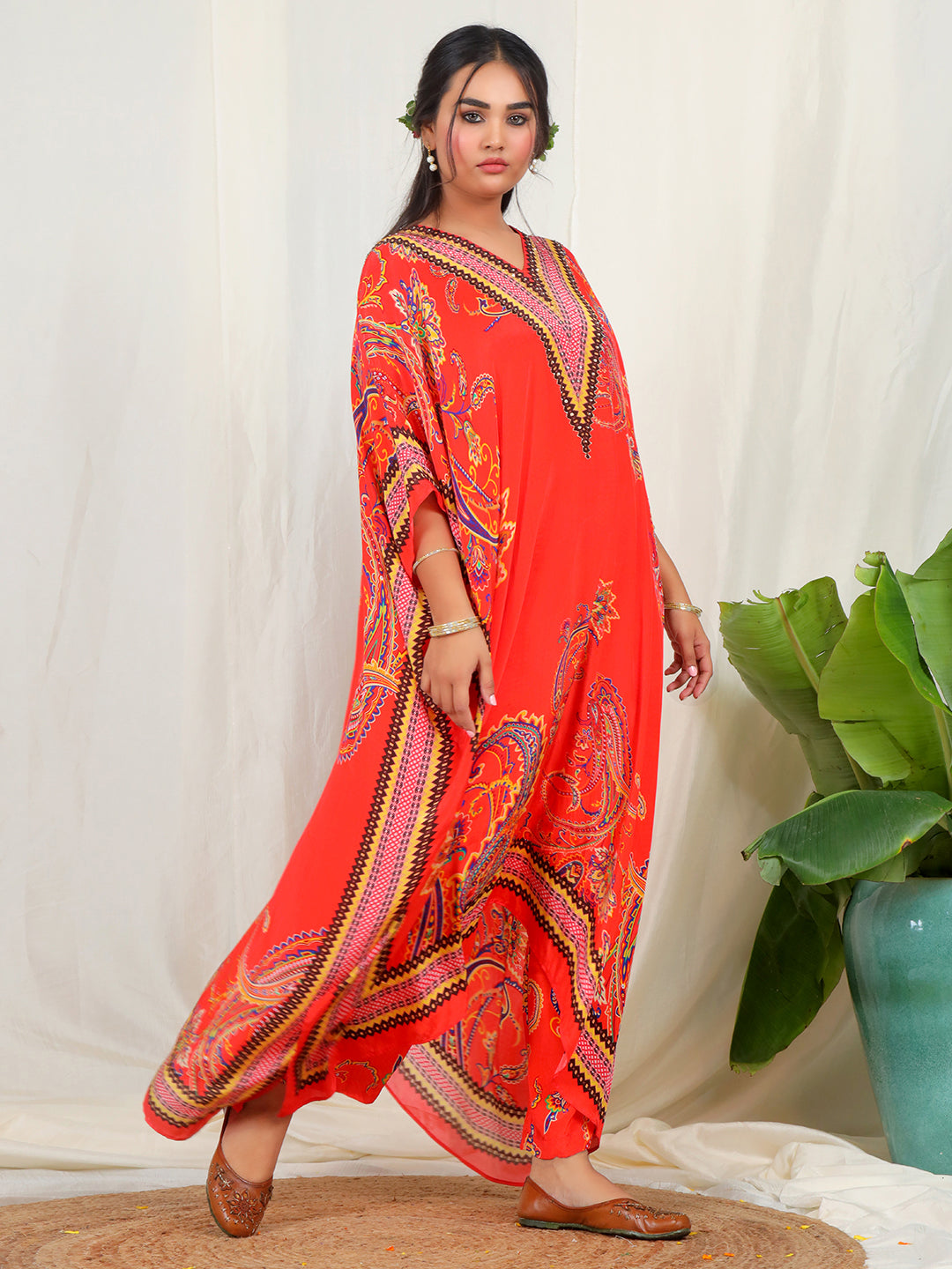 Bold Paisley Based Natural Crepe Kaftan with Bottom with Hand Work - Orange earthofab