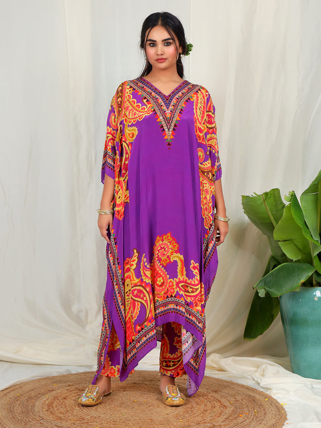 Bold Paisley Based Natural Crepe Kaftan with Bottom with Hand Work - Purple earthofab