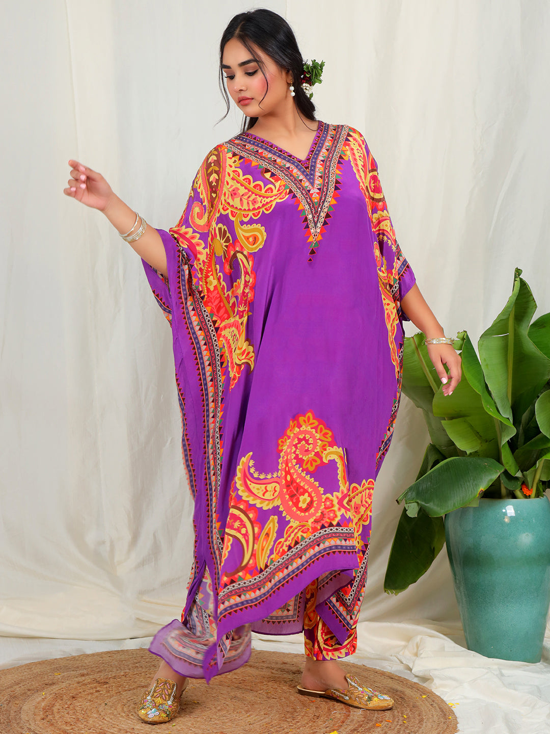 Bold Paisley Based Natural Crepe Kaftan with Bottom with Hand Work - Purple earthofab