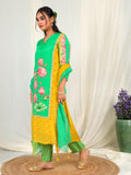 Floral Print Muslin Crepe Kurta Pant Set with Dupatta with Hand Work - Green earthofab