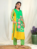 Floral Print Muslin Crepe Kurta Pant Set with Dupatta with Hand Work - Green earthofab