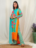 Floral Print Muslin Crepe Kurta Pant Set with Dupatta with Hand Work - Aqua earthofab