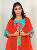 Floral Print Muslin Crepe Kurta Pant Set with Dupatta with Hand Work - Aqua earthofab