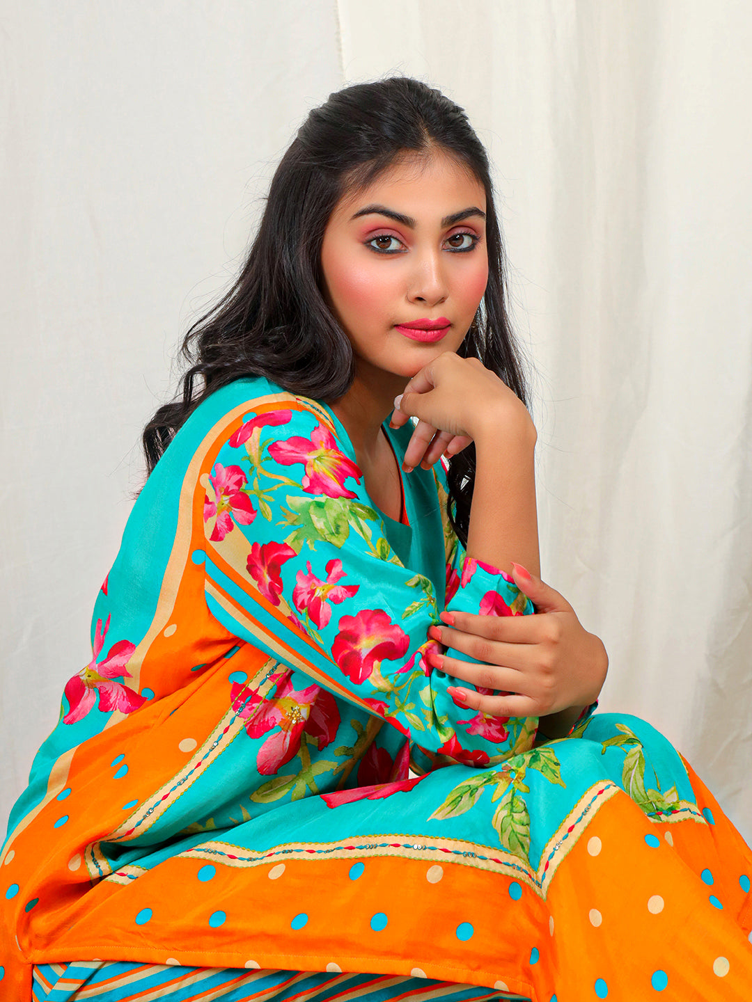 Floral Print Muslin Crepe Kurta Pant Set with Dupatta with Hand Work - Aqua earthofab