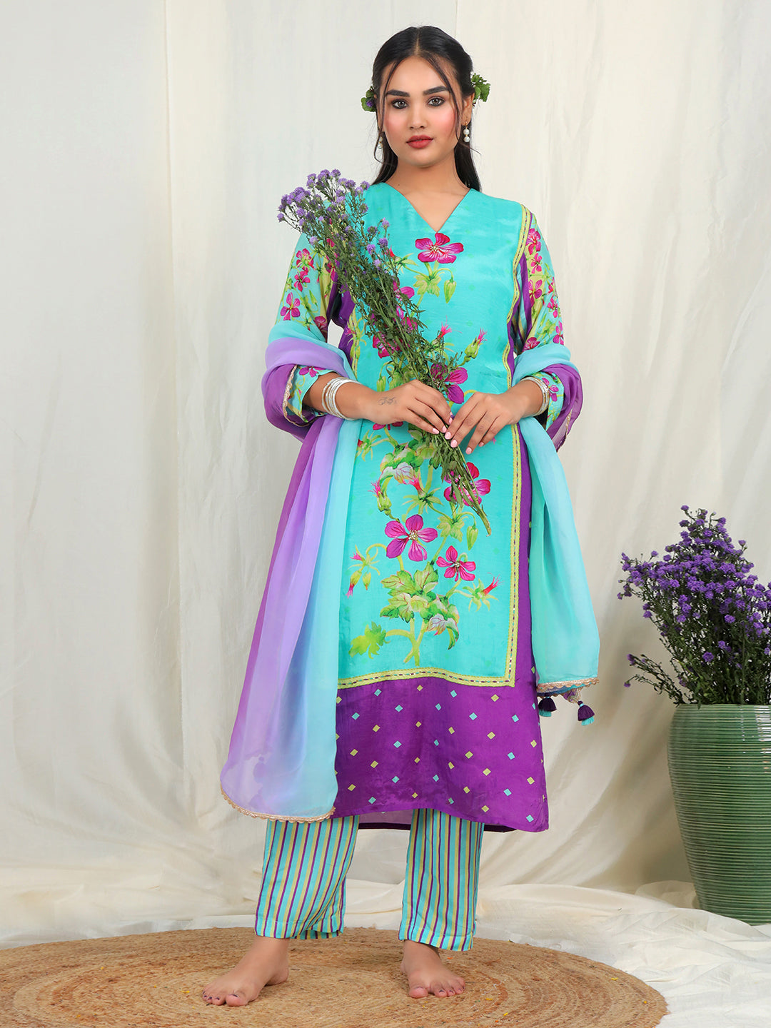 Floral Print Muslin Crepe Kurta Pant Set with Dupatta with Hand Work - Aqua earthofab