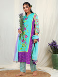 Floral Print Muslin Crepe Kurta Pant Set with Dupatta with Hand Work - Aqua earthofab