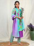 Floral Print Muslin Crepe Kurta Pant Set with Dupatta with Hand Work - Aqua earthofab