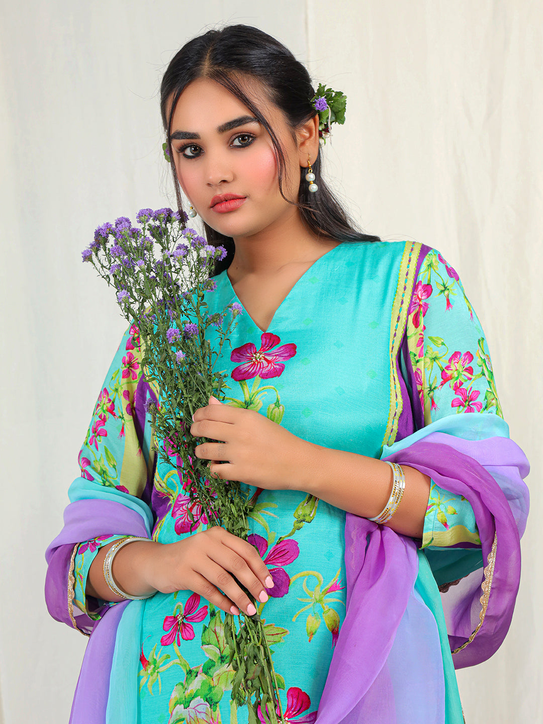 Floral Print Muslin Crepe Kurta Pant Set with Dupatta with Hand Work - Aqua earthofab