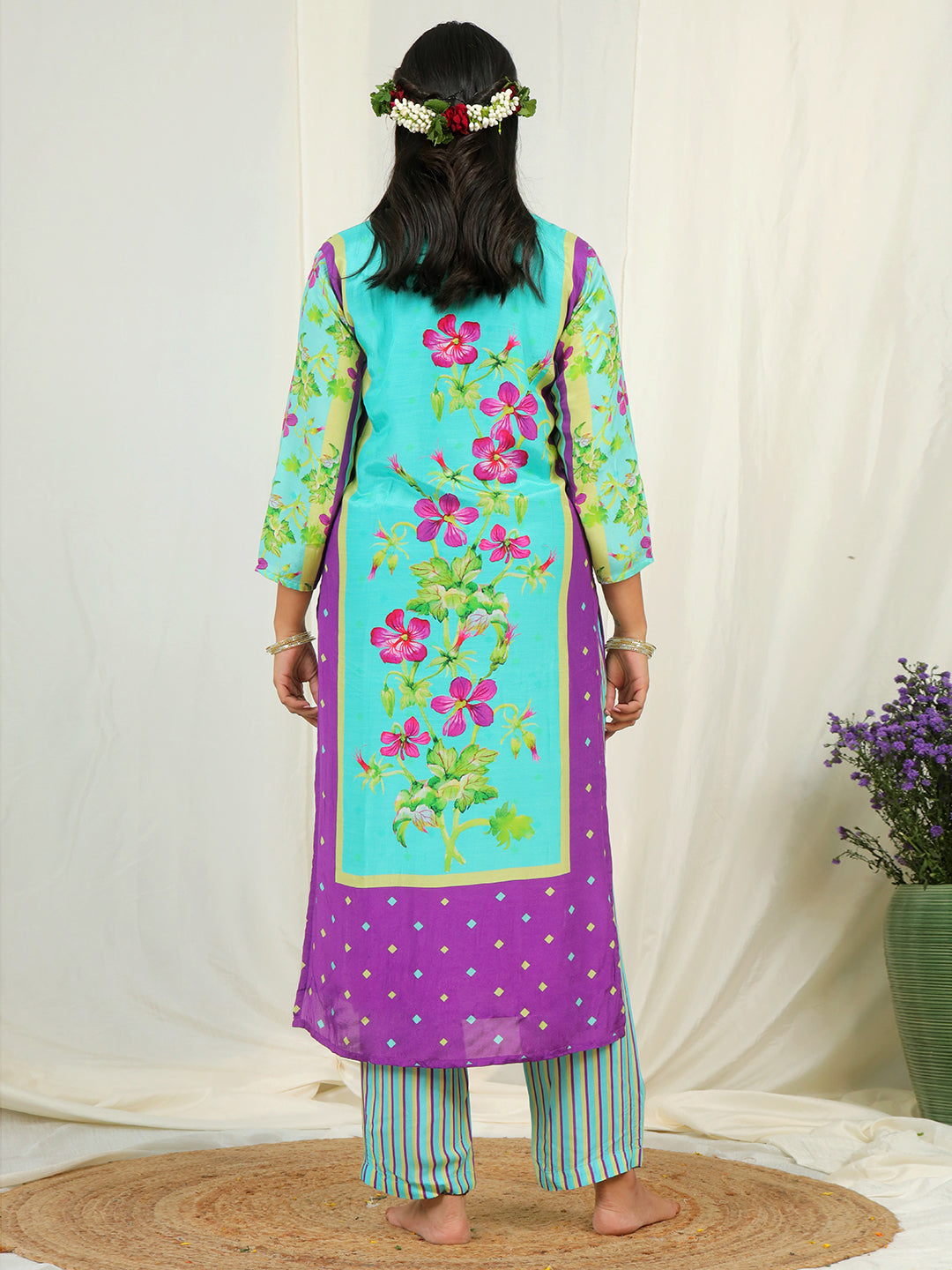 Floral Print Muslin Crepe Kurta Pant Set with Dupatta with Hand Work - Aqua earthofab