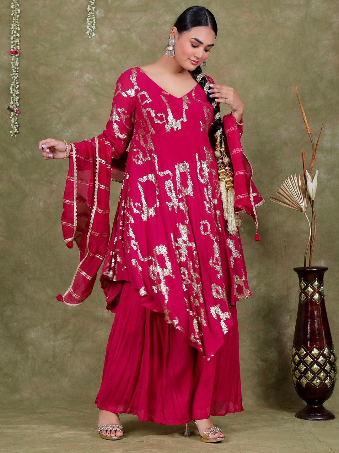 Sequence Embroidery Based Georgette Kurta Sharara Set with Organza Dupatta - Pink earthofab