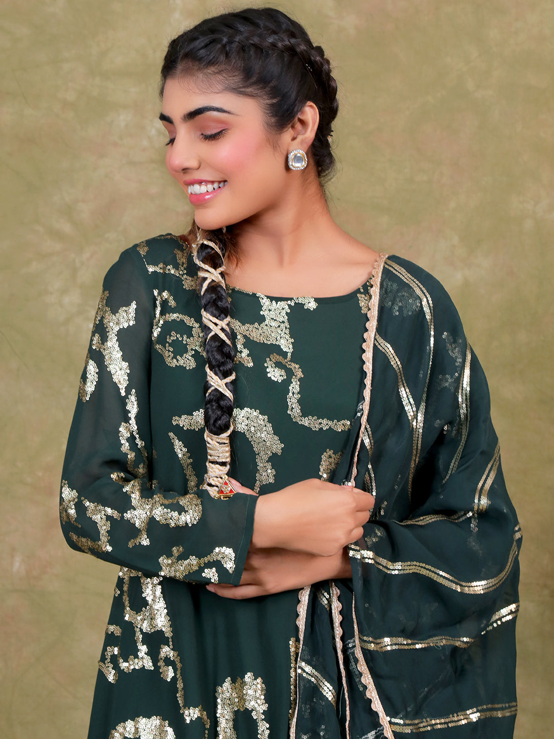 Sequence Embroidery Based Georgette Kurta Sharara Set with Organza Dupatta - Dark Teal Blue earthofab