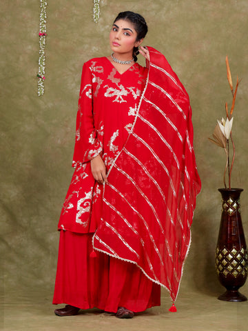 Sequence Embroidery Based Georgette Kurta Pant Set with Organza Dupatta - Red earthofab