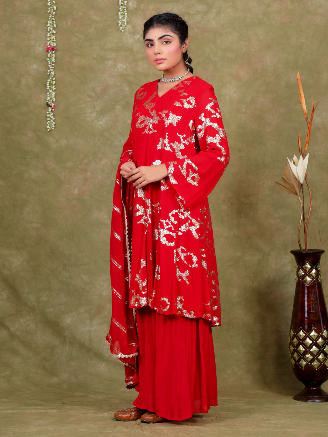 Sequence Embroidery Based Georgette Kurta Pant Set with Organza Dupatta - Red earthofab