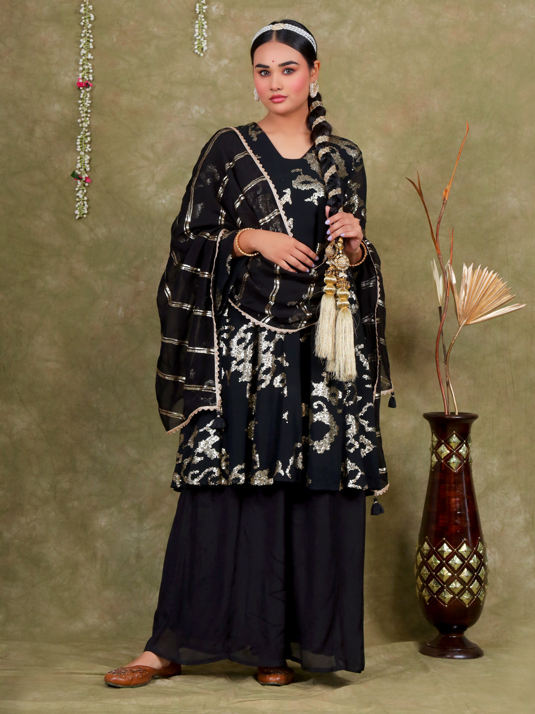 Sequence Embroidery Based Georgette Kurta Sharara Set with Organza Dupatta - Black earthofab