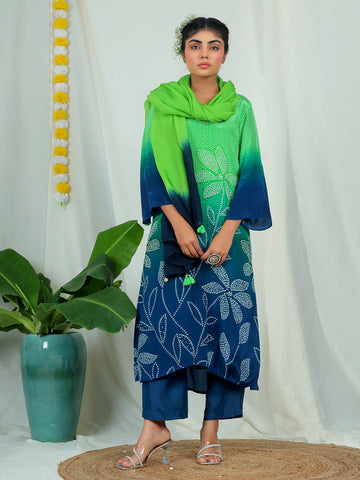 Ombre Natural Crepe Kurta Pant Set with Dupatta with Hand Work - Green & Blue earthofab