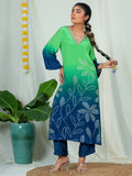 Ombre Natural Crepe Kurta Pant Set with Dupatta with Hand Work - Green & Blue earthofab