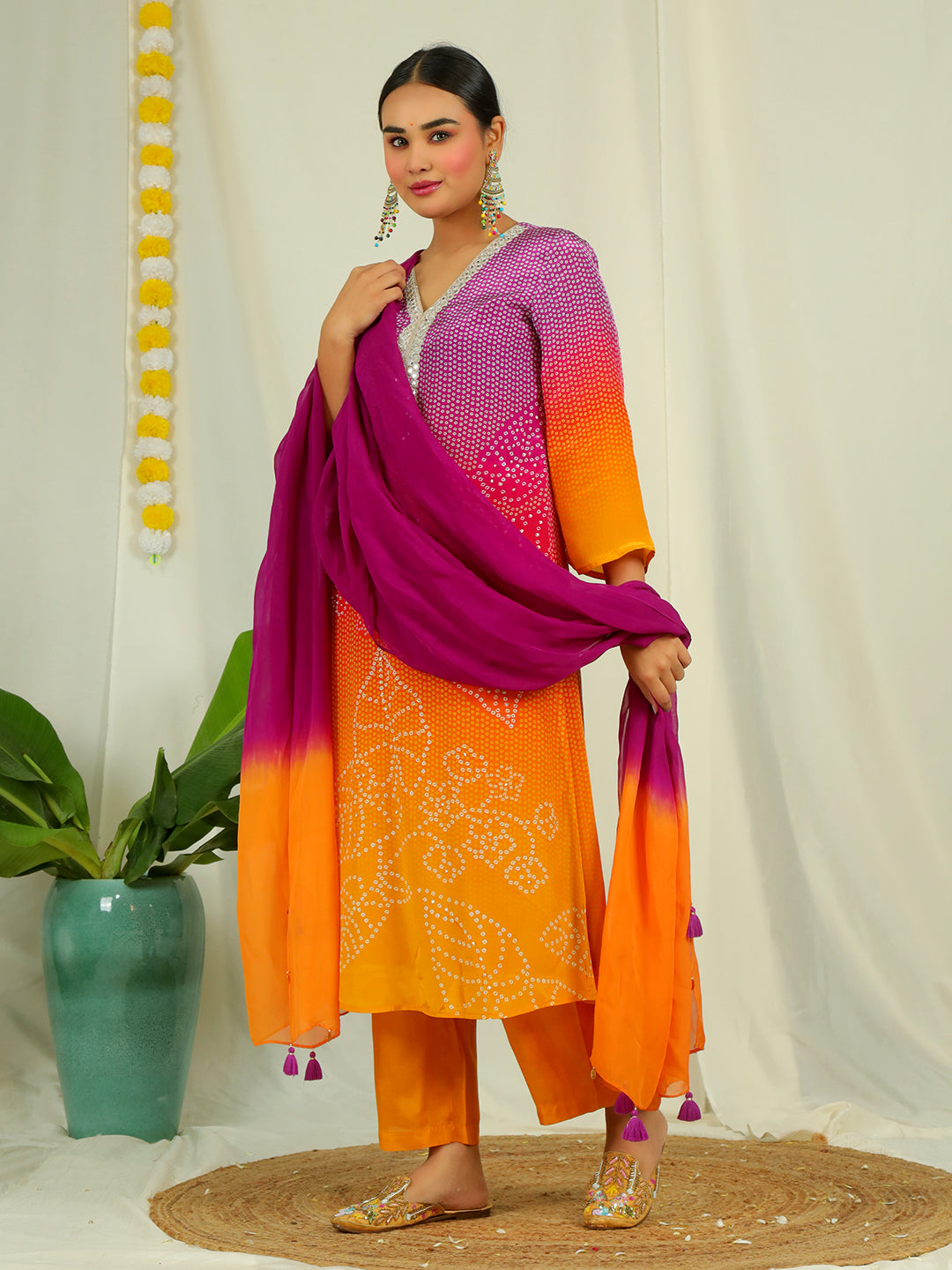 Ombre Natural Crepe Kurta Pant Set with Dupatta with Hand Work - Mustard & Purple earthofab