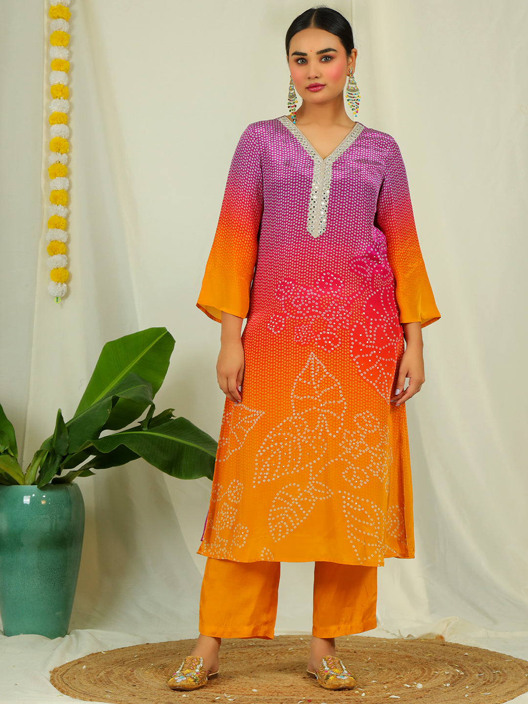 Ombre Natural Crepe Kurta Pant Set with Dupatta with Hand Work - Mustard & Purple earthofab