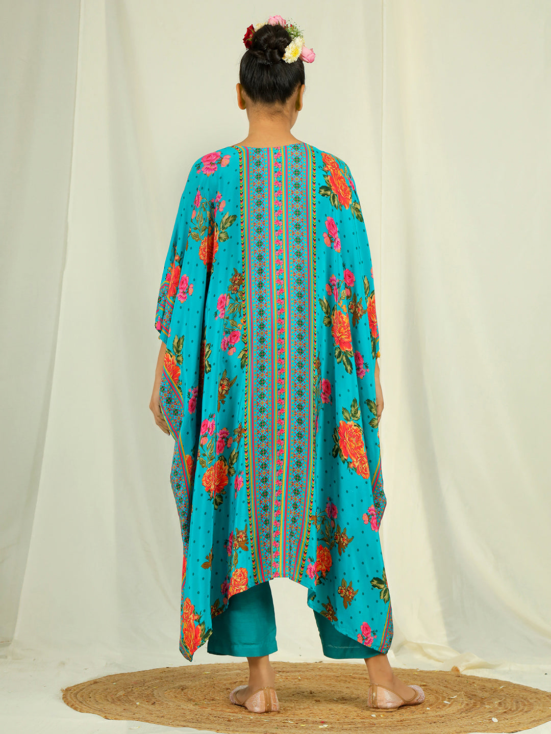 Natural Crepe Kaftan with Bottom with Hand Work - Teal Blue earthofab