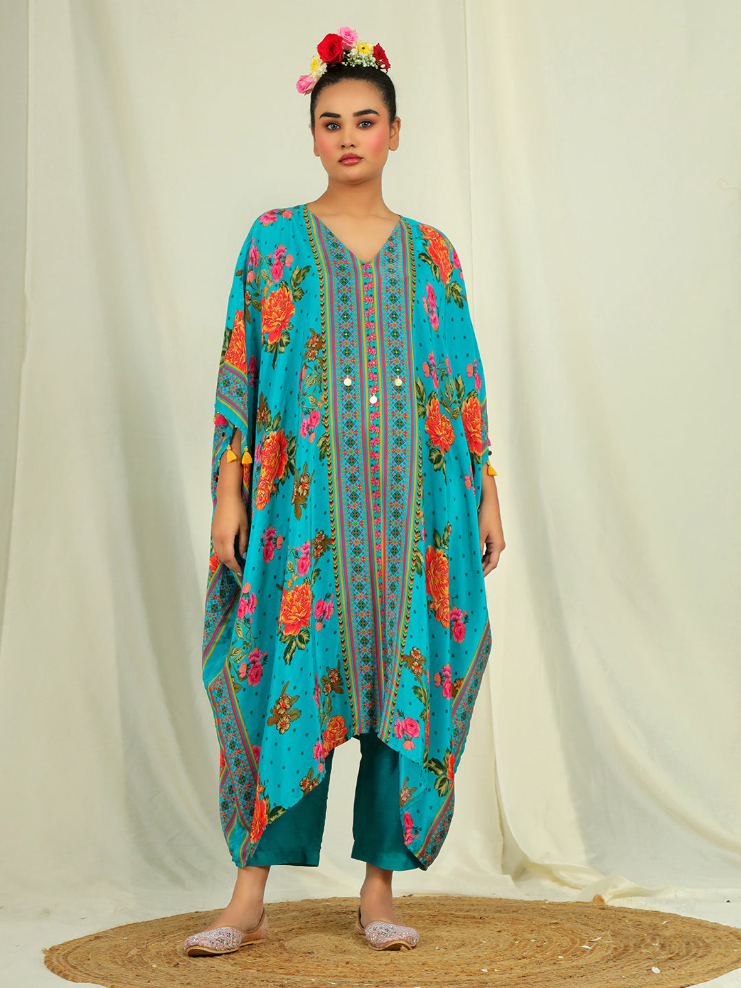 Natural Crepe Kaftan with Bottom with Hand Work - Teal Blue earthofab